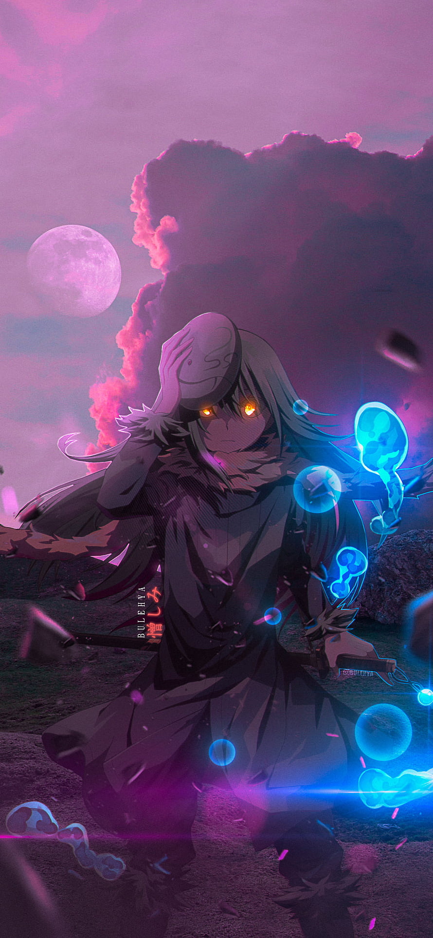 Rimuru Tempest Anime Character with Glowing Eyes and Blue Energy Orbs Under a Pink Moonlit Sky HD phone wallpaper