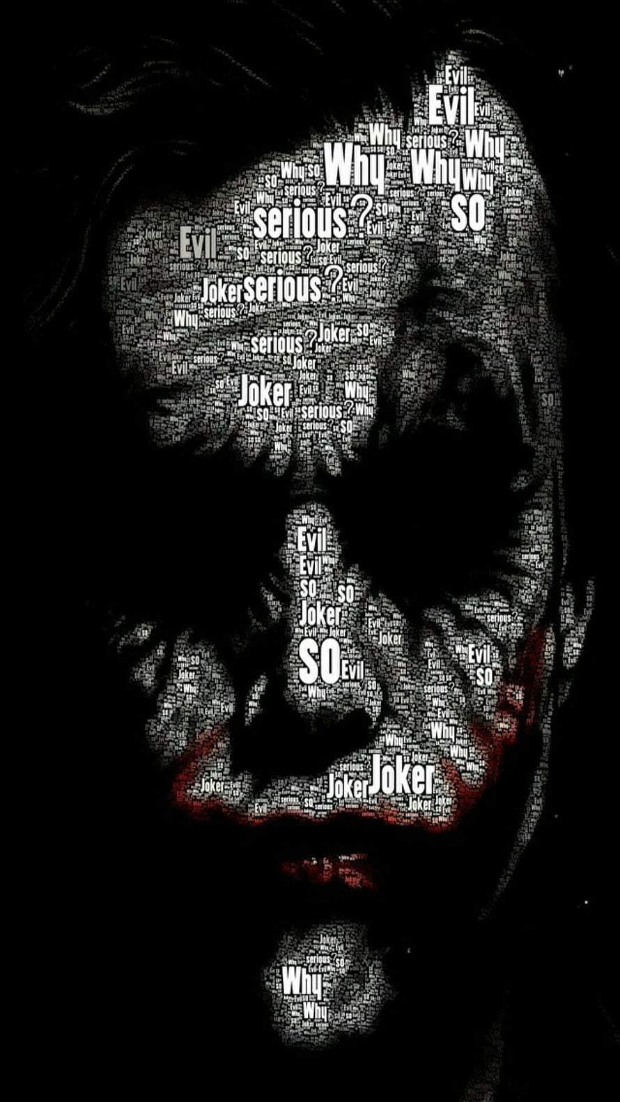 The Dark Knight Joker Word Art Portrait with Red Smile and Black Background HD phone wallpaper