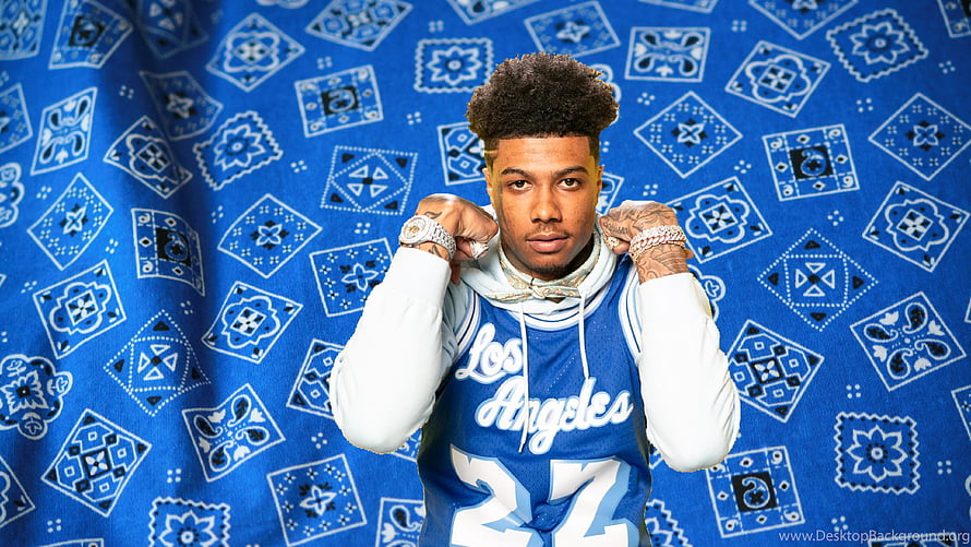 Blueface in a Los Angeles jersey against a blue patterned backdrop HD wallpaper