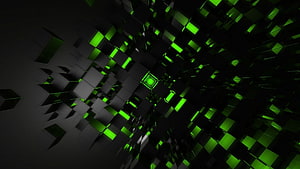 Abstract 3D Geometric Tunnel with Glowing Green Cubes on Black Background HD wallpaper