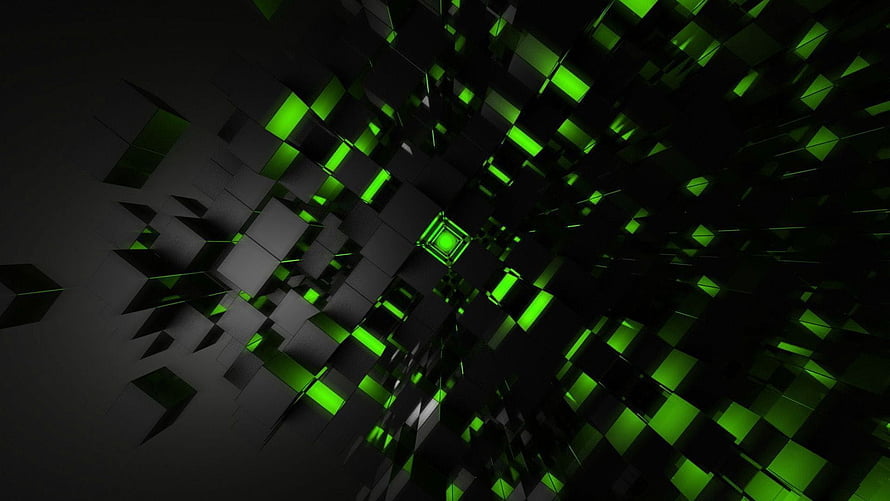 Abstract 3D Geometric Tunnel with Glowing Green Cubes on Black Background HD wallpaper
