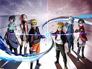 Naruto and Boruto Anime Characters Showcasing Rasengan and Chakra Abilities HD wallpaper