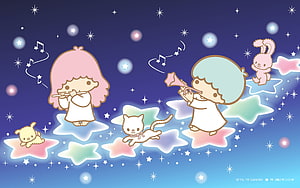 Little Twin Stars Playing Musical Instruments on Glowing Stars in a Night Sky HD wallpaper