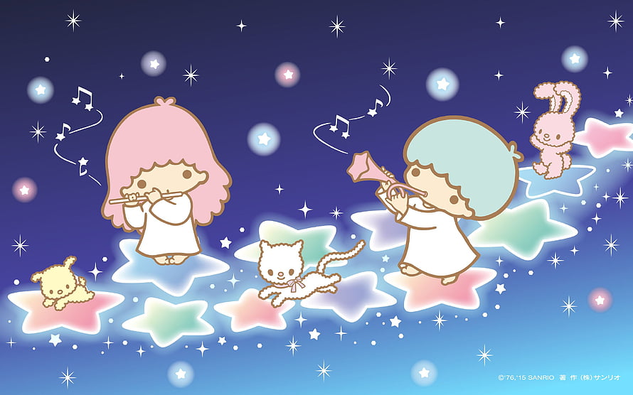 Little Twin Stars Playing Musical Instruments on Glowing Stars in a Night Sky HD wallpaper