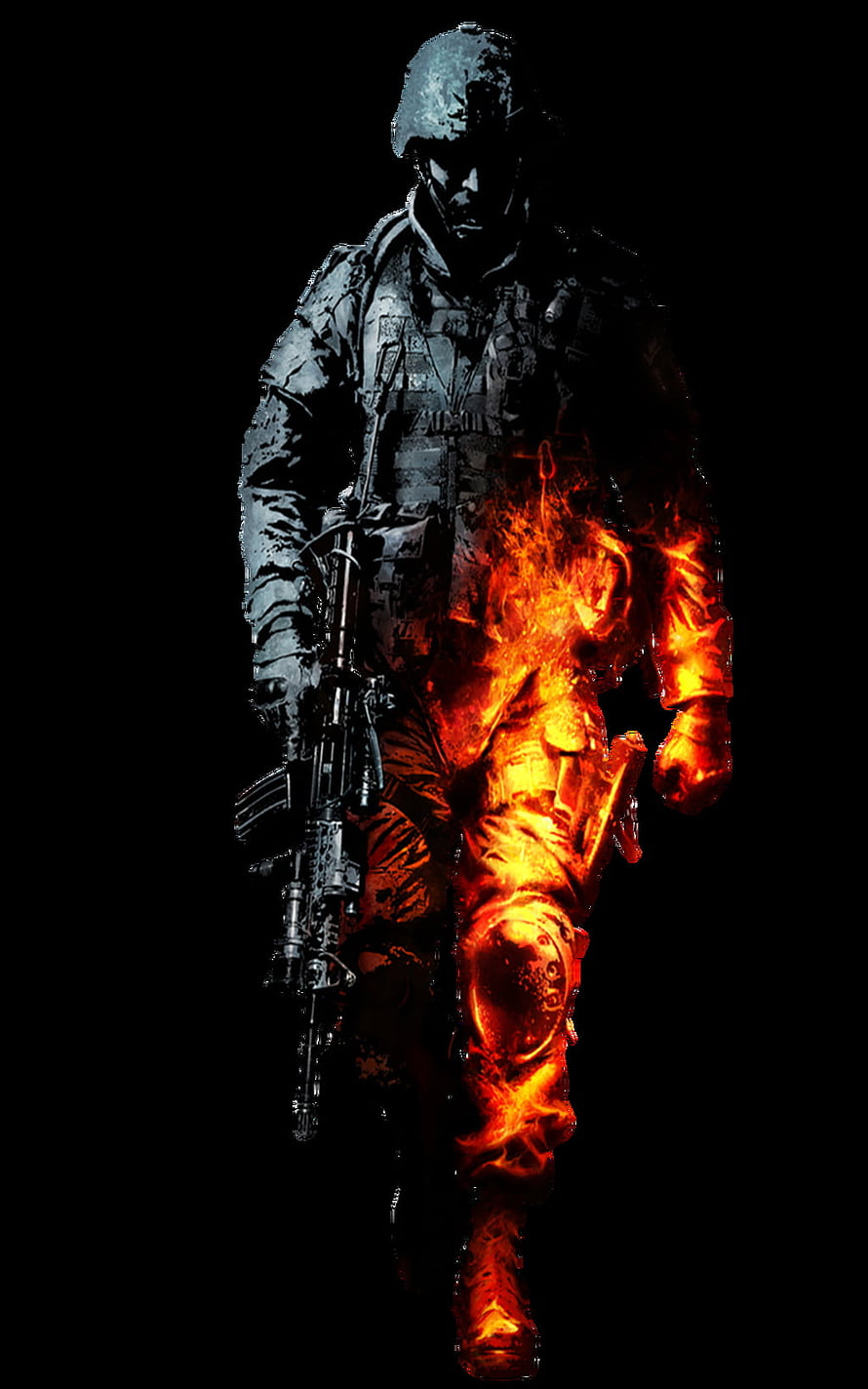 Flaming Soldier in Tactical Gear Holding Rifle Against Black Background HD phone wallpaper