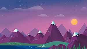 Minimalist Flat Vector Mountain Landscape with Purple Sky and Setting Sun HD wallpaper
