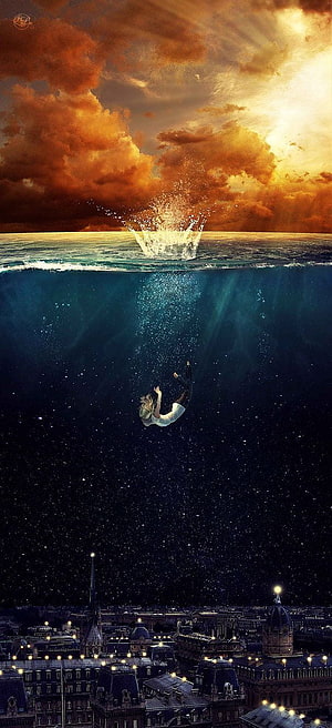 Surreal Underwater Scene with Diver Above Paris Cityscape and Dramatic Sunset Sky HD phone wallpaper
