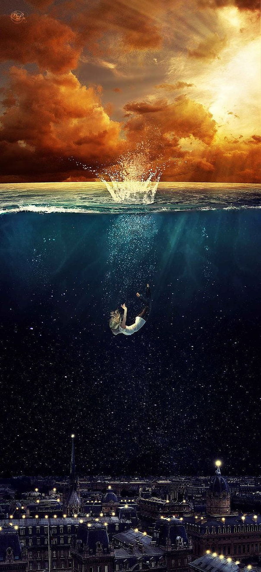 Surreal Underwater Scene with Diver Above Paris Cityscape and Dramatic Sunset Sky HD phone wallpaper