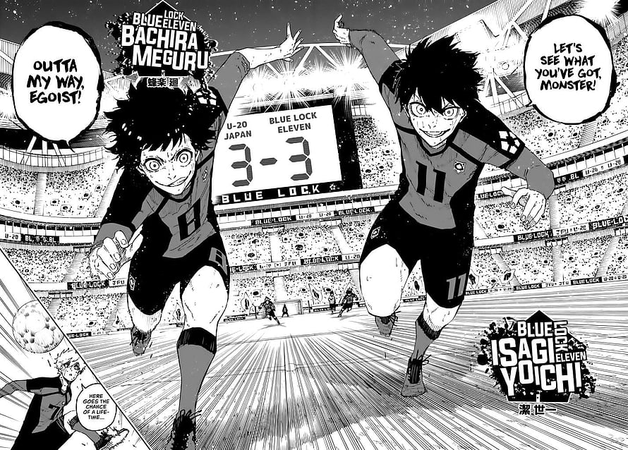 Blue Lock Manga Panel: Bachira and Isagi Sprinting in Stadium Match HD wallpaper