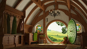 The Shire Hobbiton Interior with Round Green Door and Countryside View HD wallpaper