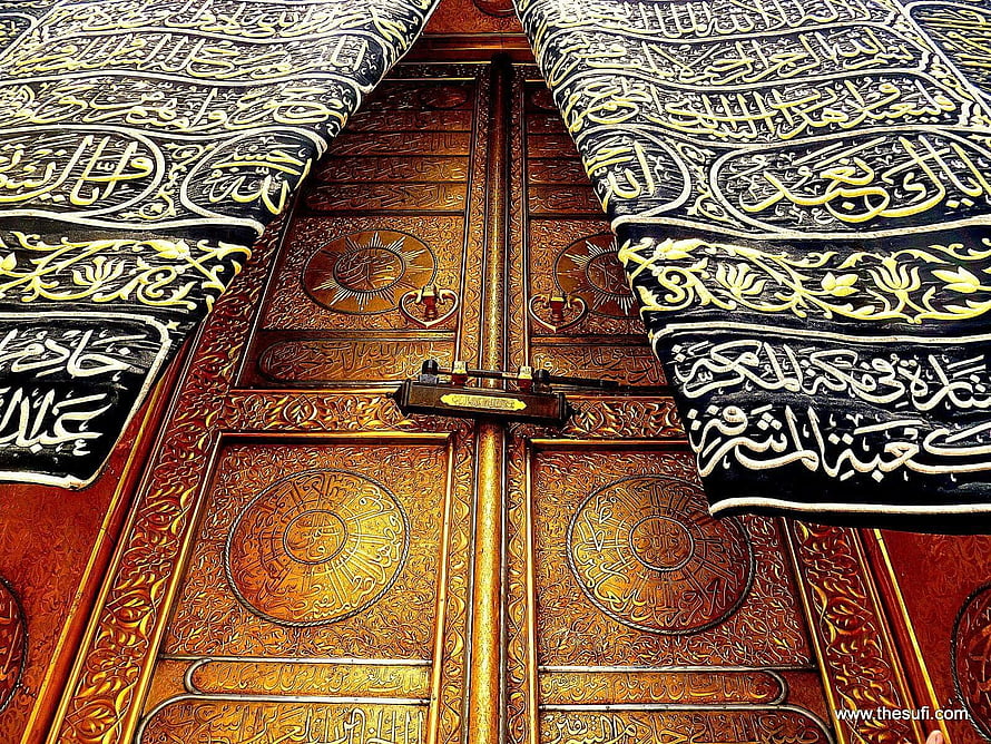 Ornate Golden Kaaba Door with Arabic Calligraphy and Black Kiswa Fabric HD wallpaper