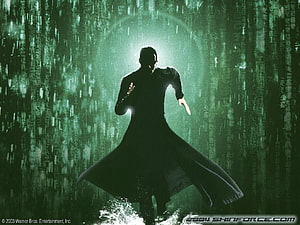 Neo Silhouette in the Green Digital Rain from The Matrix Reloaded HD wallpaper