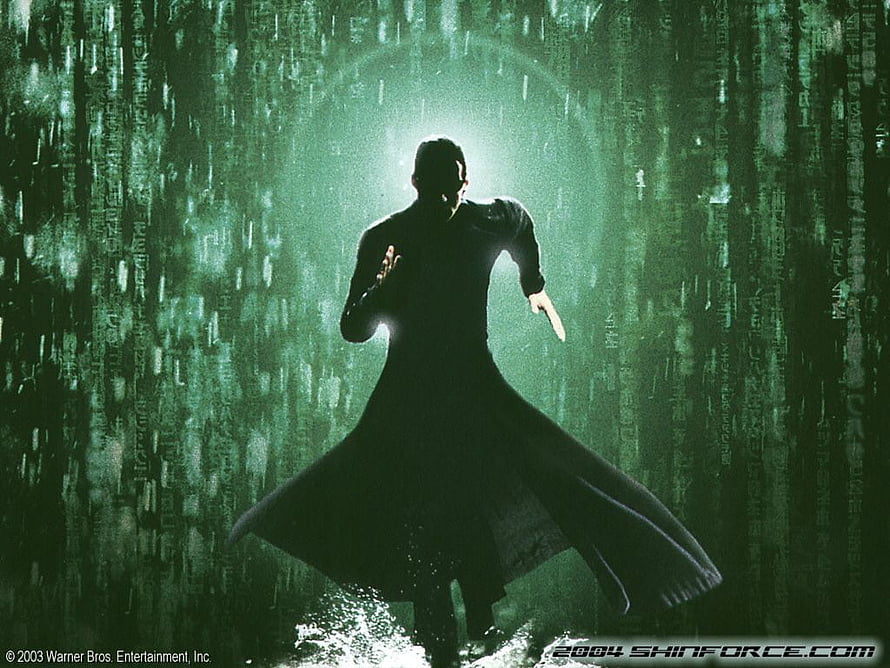 Neo Silhouette in the Green Digital Rain from The Matrix Reloaded HD wallpaper