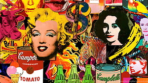 Andy Warhol Pop Art Collage Featuring Marilyn Monroe, Campbell's Soup Cans, and Iconic Screen Prints HD wallpaper