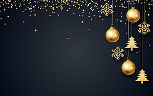Elegant Gold Christmas Ornaments and Snowflakes on Dark Navy Background HD wallpaper