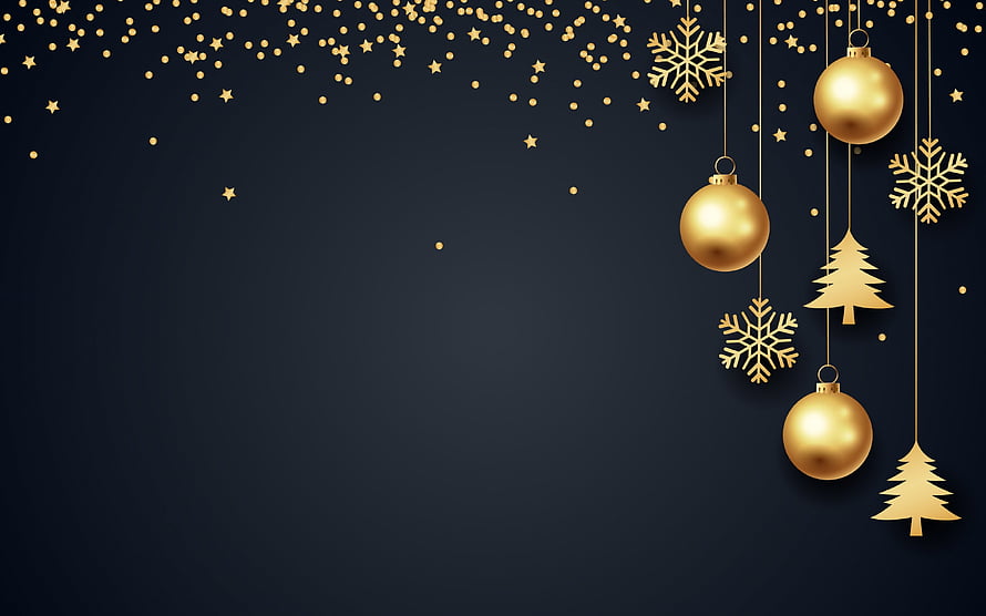 Elegant Gold Christmas Ornaments and Snowflakes on Dark Navy Background HD wallpaper