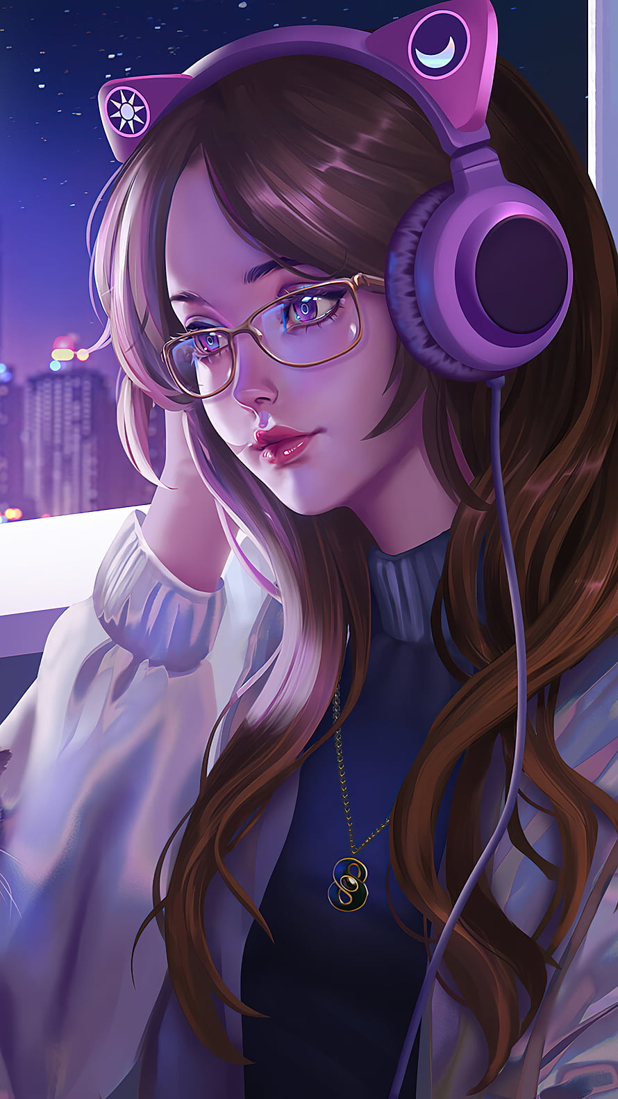 Anime Girl With Cat Ear Headphones And Glasses In Neon Night City HD phone wallpaper