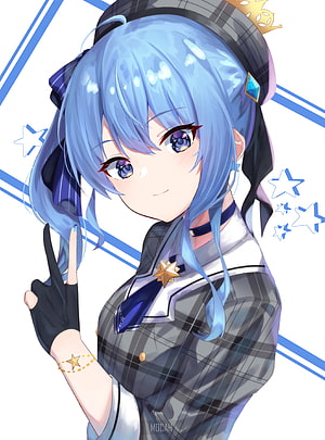 Hoshimachi Suisei Anime Illustration in Plaid Outfit with Star Accents HD phone wallpaper