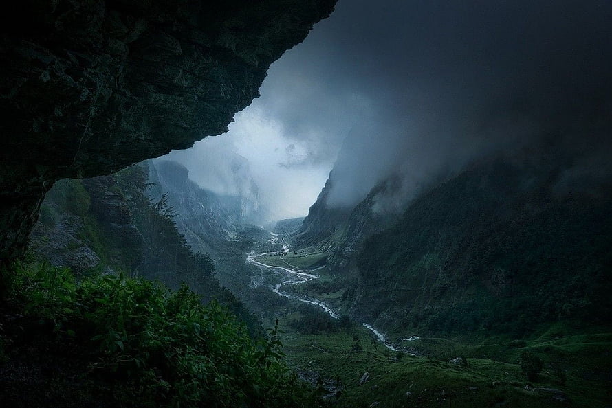 Misty Mountain Valley View From Cave Overhang With Winding River HD wallpaper