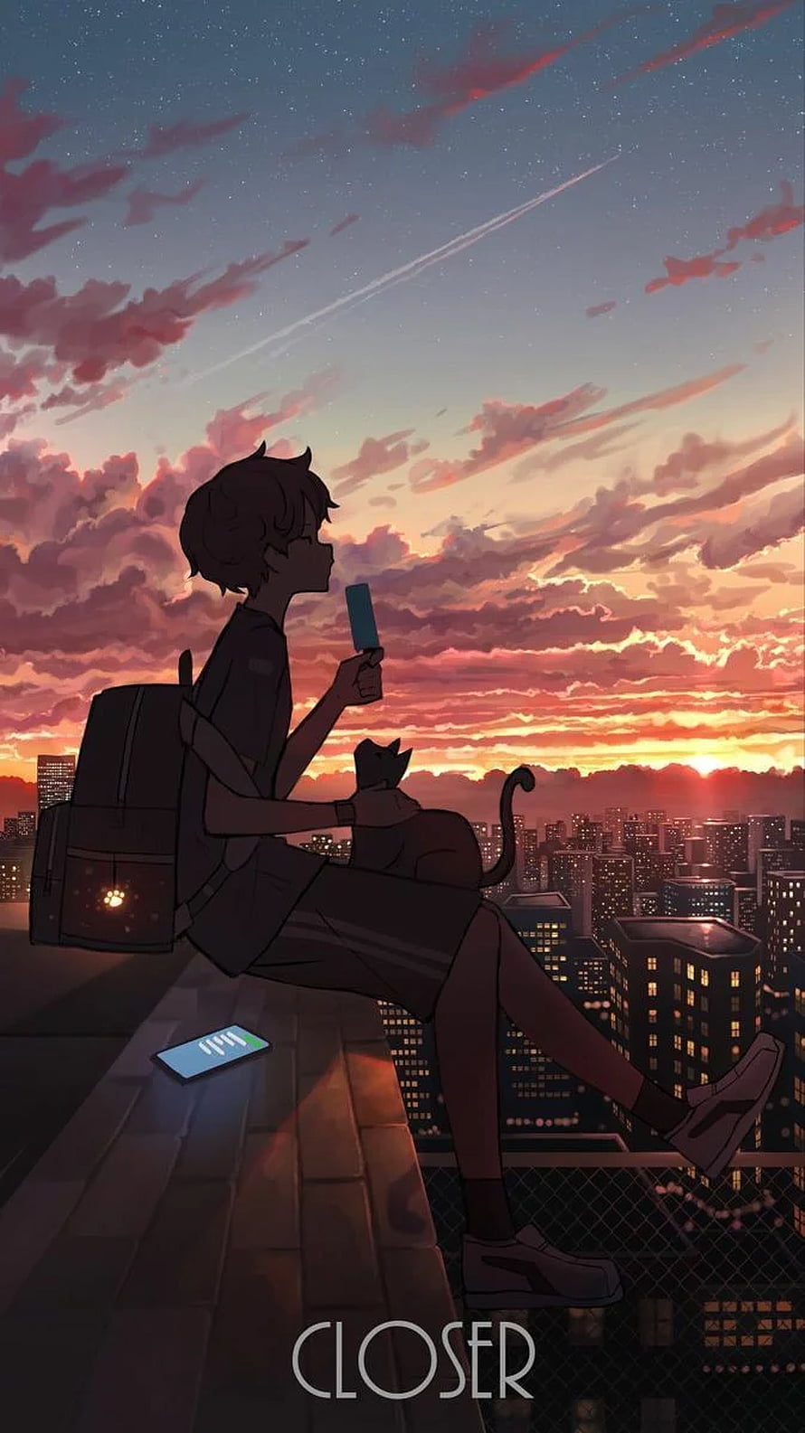Closer Anime Character Sitting on Rooftop with Cat at Sunset HD phone wallpaper