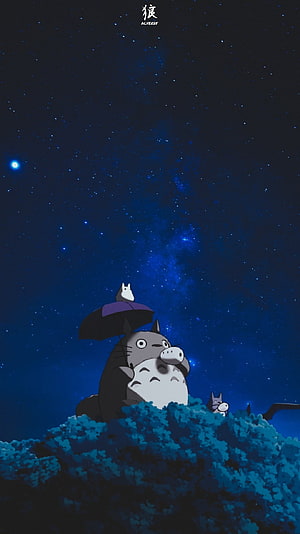My Neighbor Totoro Characters Under a Starry Night Sky with the Milky Way HD phone wallpaper