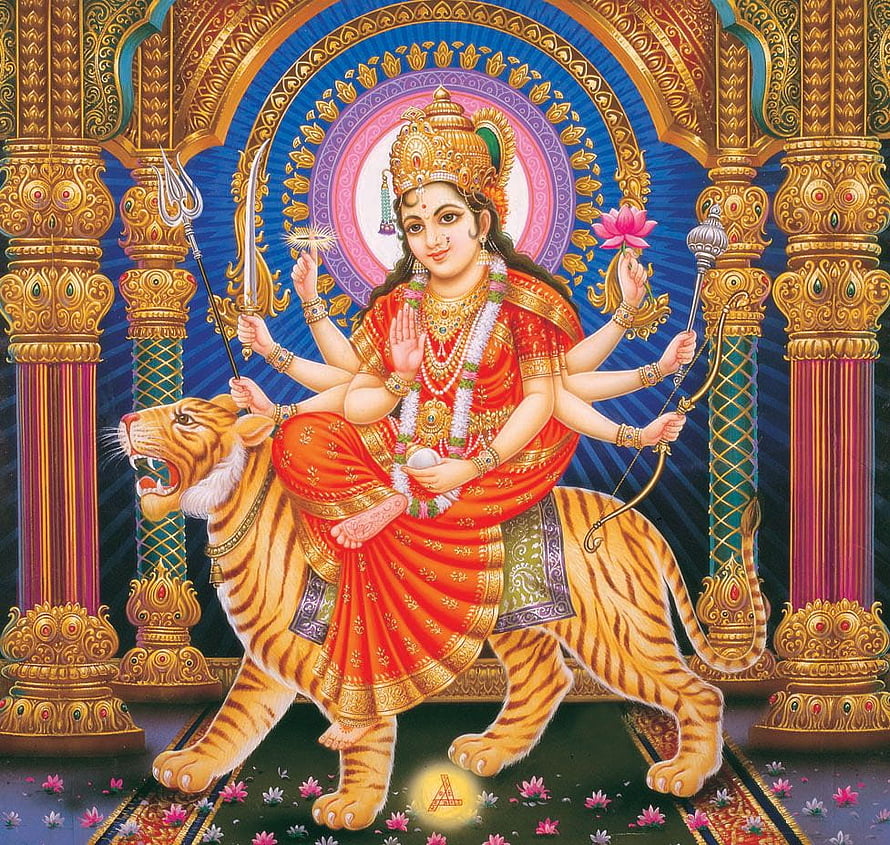 Goddess Durga Riding a Tiger in Traditional Indian Temple Art HD wallpaper
