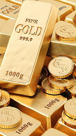 Stacked Fine Gold Bars and Dollar Coins Representing Wealth and Financial Security HD phone wallpaper