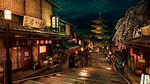 Kyoto Night Street with Pagoda and Traditional Japanese Architecture HD wallpaper