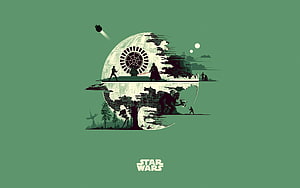 Star Wars Death Star Minimalist Illustration with Silhouetted Characters and Green Background HD wallpaper