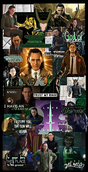 Loki Character Collage Featuring Tom Hiddleston in Marvel Cinematic Universe and Disney+ Series HD phone wallpaper
