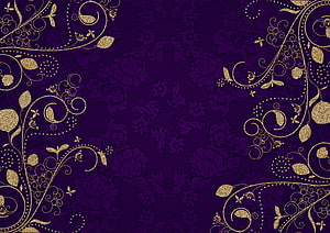 Elegant Gold Floral Ornament Frame on Deep Purple Damask Background HD wallpaper