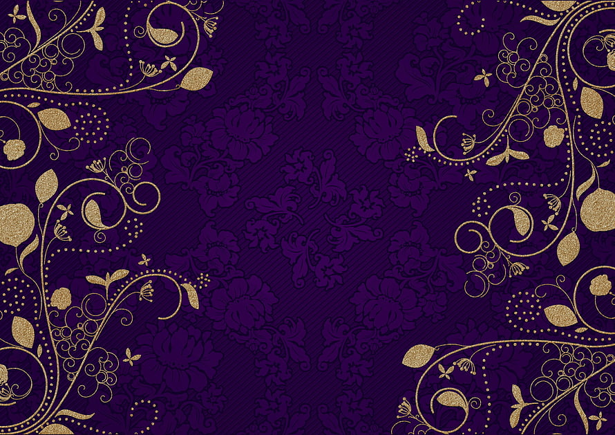 Elegant Gold Floral Ornament Frame on Deep Purple Damask Background HD wallpaper