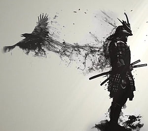 Ink Wash Samurai Warrior with Raven and Dual Swords HD wallpaper