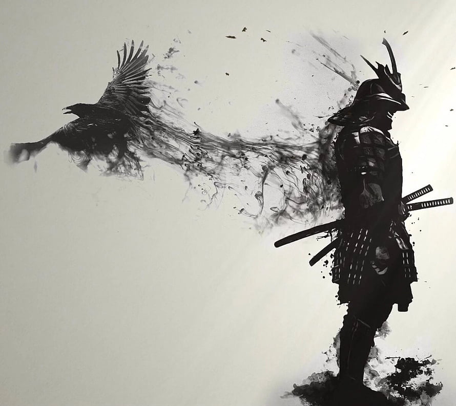 Ink Wash Samurai Warrior with Raven and Dual Swords HD wallpaper