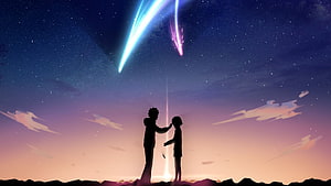Your Name Anime Silhouette Scene Under Meteor Shower and Starry Night Sky HD wallpaper
