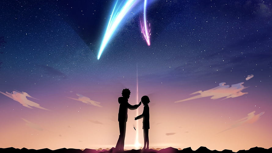Your Name Anime Silhouette Scene Under Meteor Shower and Starry Night Sky HD wallpaper