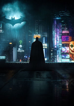 Batman Silhouette Standing in Rainy Gotham City with Neon Bat Signal, NEON CITY BATMAN. Batman , Gotham batman, Batman artwork HD phone wallpaper