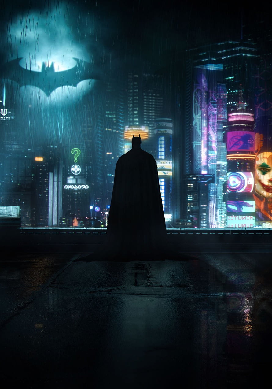 Batman Silhouette Standing in Rainy Gotham City with Neon Bat Signal, NEON CITY BATMAN. Batman , Gotham batman, Batman artwork HD phone wallpaper