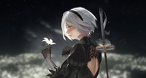 2B from Nier Automata Holding a White Lily Under a Starry Night Sky HD wallpaper