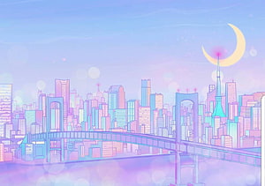 Pastel Sailor Moon Cityscape with Crescent Moon and Bridge HD wallpaper