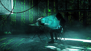 Hacker Room Concept Art with Matrix Code Rain and Vintage CRT Monitor HD wallpaper