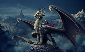 Nick Deligaris Fantasy Art: Armored Knight Riding a Golden Dragon Above Snowy Peaks HD wallpaper
