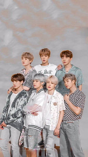 BTS Group Portrait in Casual Streetwear with Soft Studio Backdrop HD phone wallpaper