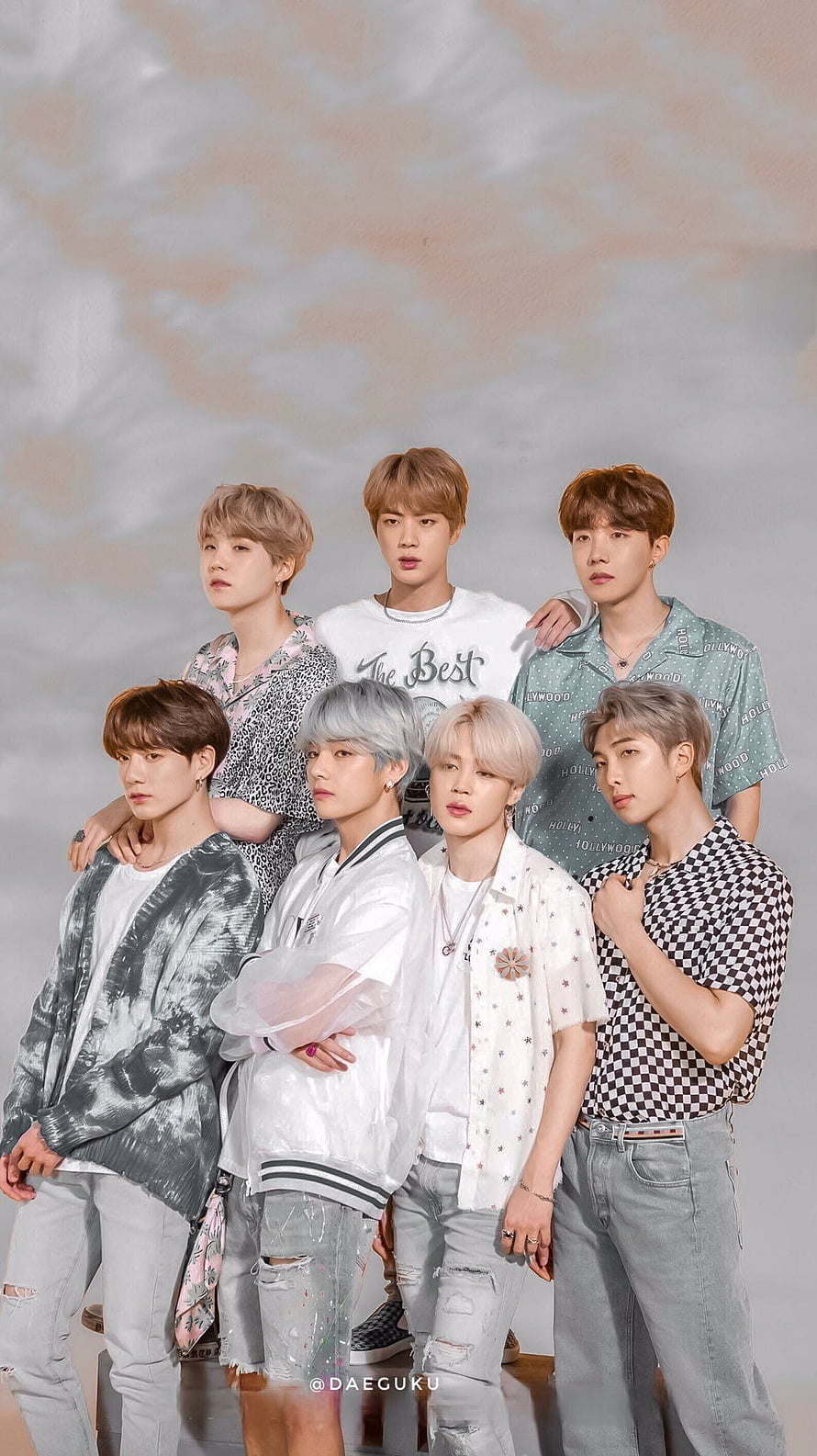 BTS Group Portrait in Casual Streetwear with Soft Studio Backdrop HD phone wallpaper