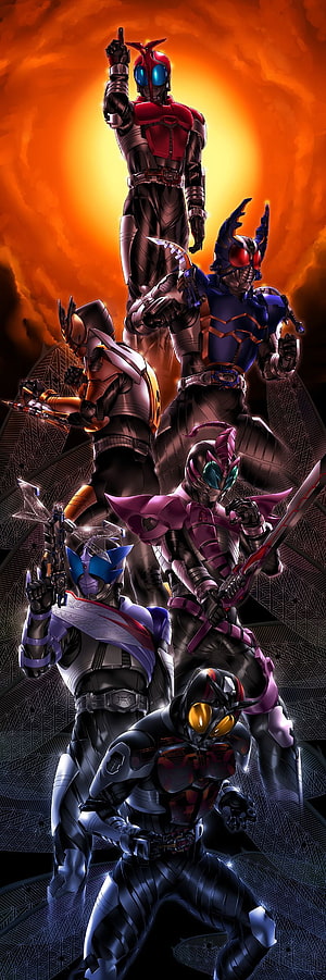 Kamen Rider Kabuto and allies in dramatic armored poses against fiery orange sky HD phone wallpaper