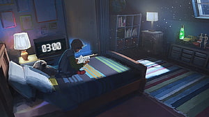 Cozy Bedroom Night Scene With Person Reading In Bed Under Moonlight HD wallpaper