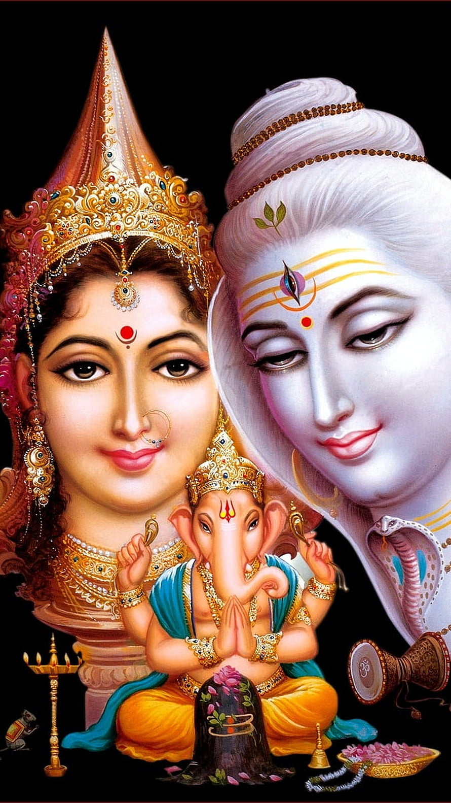 Lord Shiva, Goddess Parvati, and Ganesha in a Sacred Hindu Devotional Illustration HD phone wallpaper