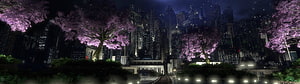 Neon-lit Cyberpunk Cityscape with Cherry Blossoms at Night HD wallpaper