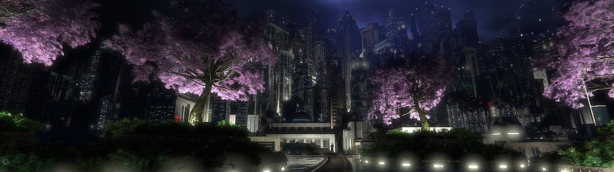 Neon-lit Cyberpunk Cityscape with Cherry Blossoms at Night HD wallpaper