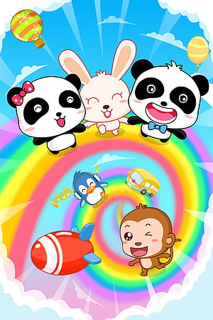 BabyBus Cartoon Animals Celebrating on a Rainbow Sky with Balloons and Toys HD phone wallpaper